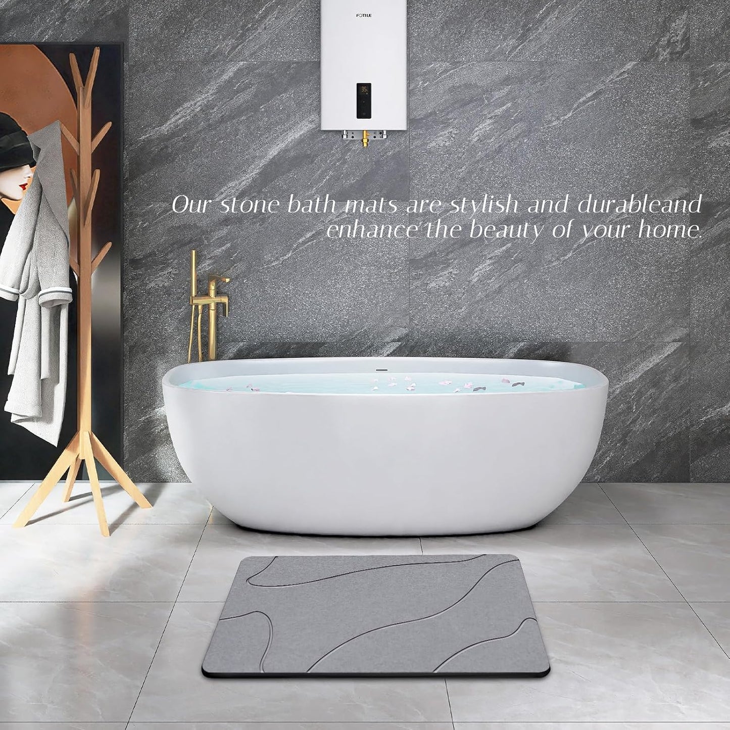Stone Bath Mat, 100% Natural Diatomaceous Earth Shower Mat, Non-Slip Super Absorbent Quick Drying Bathroom Floor Mat, Shower Mat for Bathroom Floor, Easy to Clean (Dark Grey)