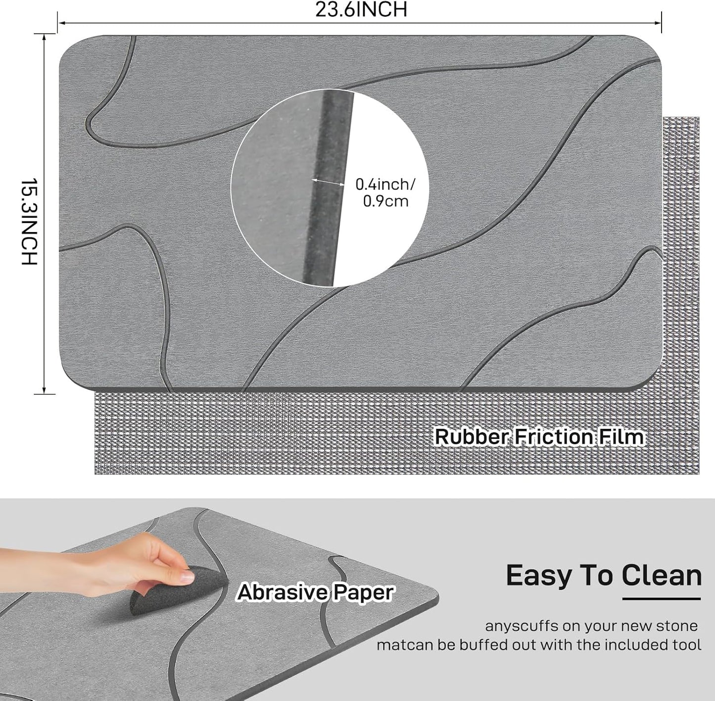 Stone Bath Mat, 100% Natural Diatomaceous Earth Shower Mat, Non-Slip Super Absorbent Quick Drying Bathroom Floor Mat, Shower Mat for Bathroom Floor, Easy to Clean (Dark Grey)