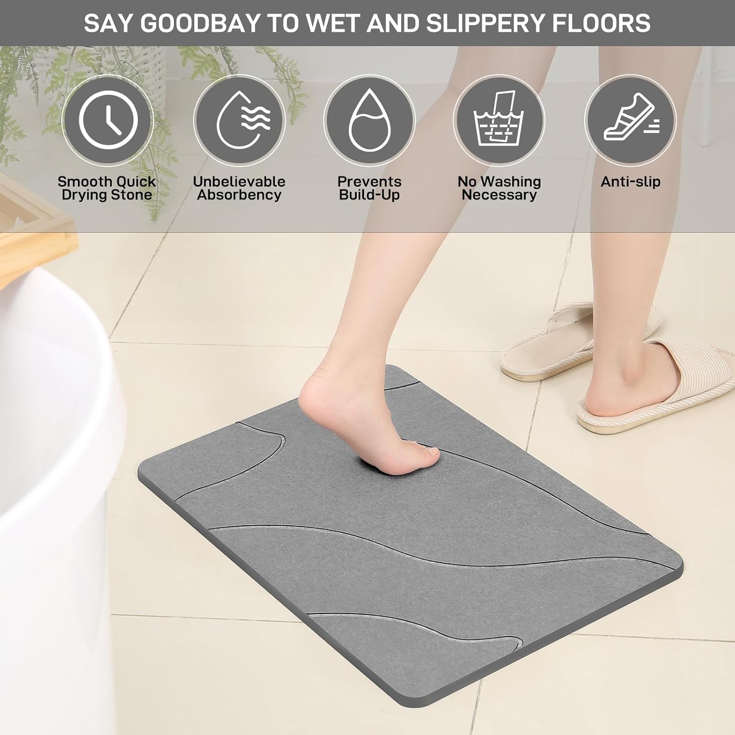Stone Bath Mat, 100% Natural Diatomaceous Earth Shower Mat, Non-Slip Super Absorbent Quick Drying Bathroom Floor Mat, Shower Mat for Bathroom Floor, Easy to Clean (Dark Grey)