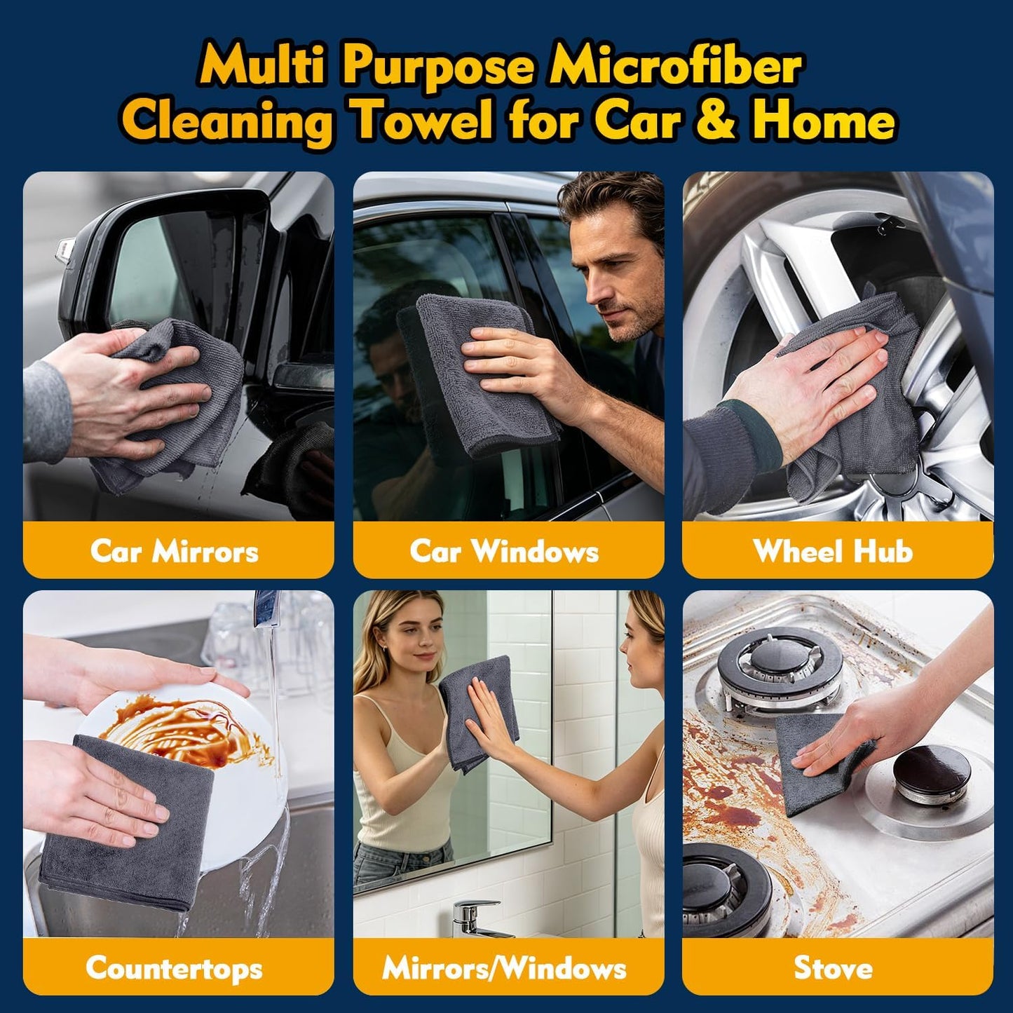 Microfiber Cleaning Cloth 12 Pack, 12.5 X 12.5 Inch Microfiber Towels for Cars, Ultra Absorbent Washing Cloth, Lint Free Streak Free Cleaning Rags for Car, Kitchen, and Window (Grey)