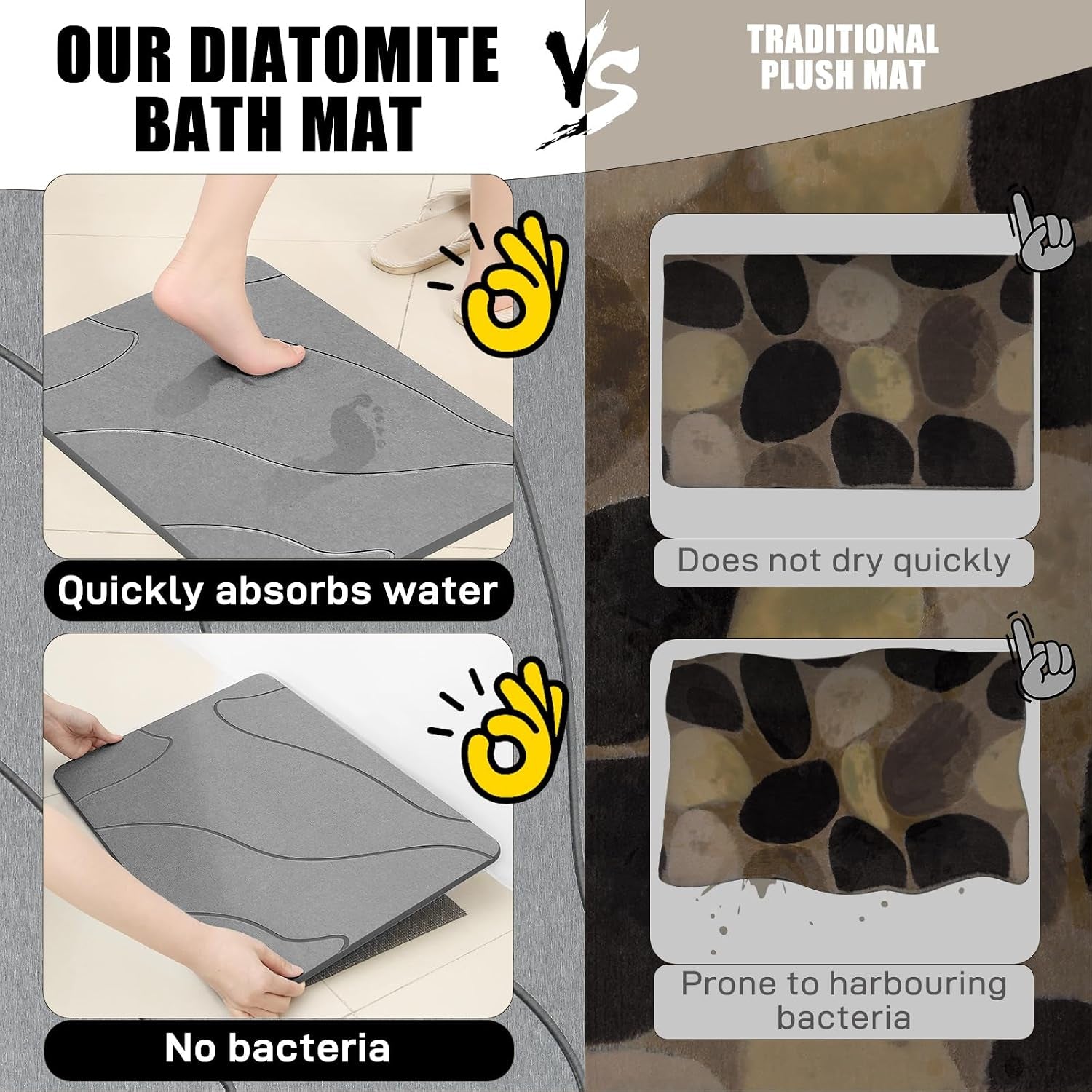 Stone Bath Mat, 100% Natural Diatomaceous Earth Shower Mat, Non-Slip Super Absorbent Quick Drying Bathroom Floor Mat, Shower Mat for Bathroom Floor, Easy to Clean (Dark Grey)