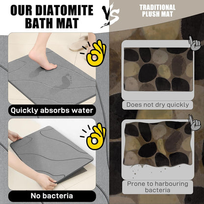 Stone Bath Mat, 100% Natural Diatomaceous Earth Shower Mat, Non-Slip Super Absorbent Quick Drying Bathroom Floor Mat, Shower Mat for Bathroom Floor, Easy to Clean (Dark Grey)