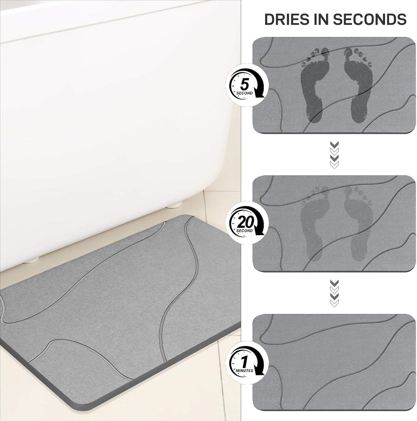 Stone Bath Mat, 100% Natural Diatomaceous Earth Shower Mat, Non-Slip Super Absorbent Quick Drying Bathroom Floor Mat, Shower Mat for Bathroom Floor, Easy to Clean (Dark Grey)