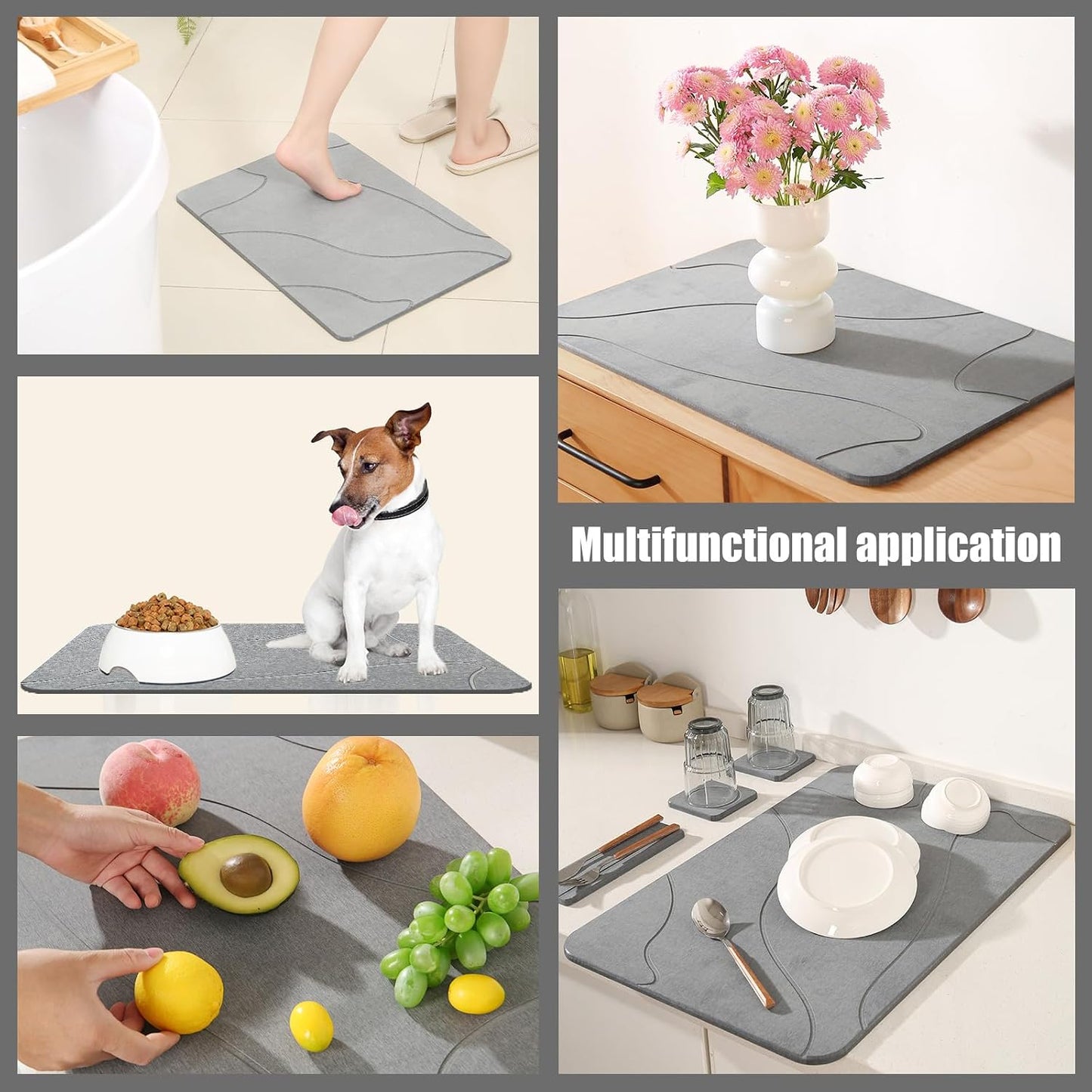 Stone Bath Mat, 100% Natural Diatomaceous Earth Shower Mat, Non-Slip Super Absorbent Quick Drying Bathroom Floor Mat, Shower Mat for Bathroom Floor, Easy to Clean (Dark Grey)